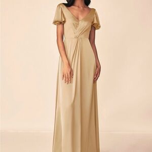 Azazie Cream Tan Puff Sleeve V-Neck Maxi Gown